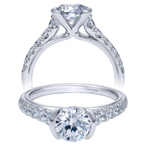 Taryn TE10121W44JJ 14 karat white gold engagement ring, front and profile views of a round center gripped by two curved rails above scalloped pave shoulders