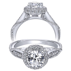 Taryn TE10132W44JJ 14 karat white gold engagement ring, front and profile views of a round center in a raised domed halo above rope edged split shoulders