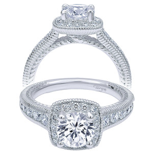 Taryn TE10281W44JJ 14 karat white gold engagement ring, front view of a round center in a milgrain edged halo raised on a collar, ribbed shoulders