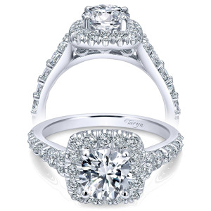 Taryn TE10287W44JJ 14 karat white gold engagement ring, front view of a round center in a cushion halo of large stones over graduated shoulder stones