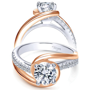 Taryn TE10309T44JJ 18 karat white and rose gold engagement ring, angled view of a round center encircled by a smooth polished swirl over crossing pave rails