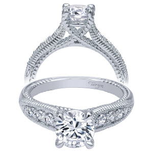 Taryn TE10430W44JJ 14 karat white gold engagement ring, front and profile views of a round center above graduated bead set shoulders with milgrain and rope engraving