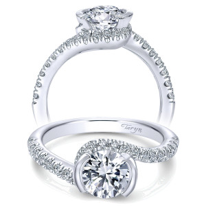Taryn TE10472W44JJ 14 karat white gold engagement ring, front and profile views of a round center in a half bezel with a pave crescent arcing overhead