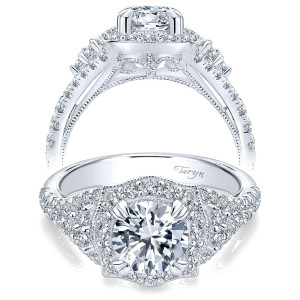 Taryn TE10751W44JJ 14 karat white gold engagement ring, front and profile views of a round center in a scalloped milgrain halo above split pave shoulders