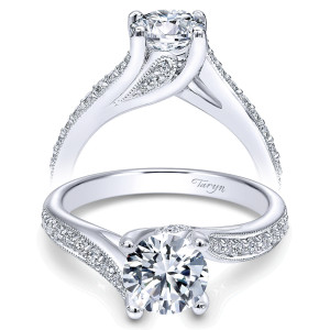 Taryn TE10794W44JJ 14 karat white gold engagement ring, front and profile of a round center with milgrain edged pave shoulders beside a polished rail