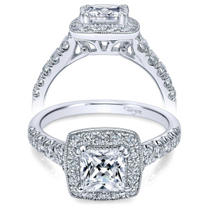 Taryn TE10907W44JJ 14 karat white gold engagement ring, front and profile of the center in a milgrain cushion halo above scrolled filigree and pave shoulders