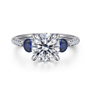 Front view of Gabriel Moon ER16744R8W44SA with a shown round center, blue sapphire sides and diamond shoulders