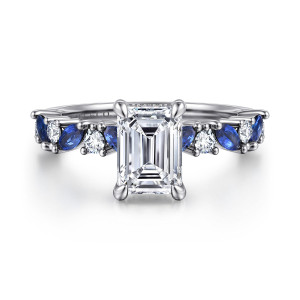 Front view of Gabriel Damiana ER16918E6W44SA with a shown emerald-cut center and blue sapphire and diamond shoulders
