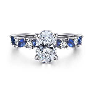 Front view of Gabriel Damiana ER16918O6W44SA with a shown oval center and blue sapphire and diamond shoulders