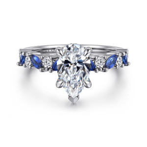 Front view of Gabriel Damiana ER16918P6W44SA with a shown pear center and alternating sapphire and diamond shoulders
