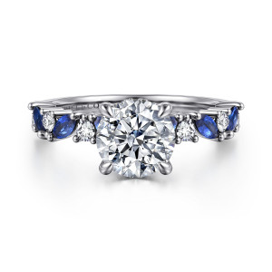 Front view of Gabriel Damiana ER16918R6W44SA with a shown round center, blue sapphires and diamond shoulder accents