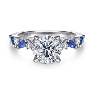 Front view of Gabriel Damiana ER16918R8W44SA with a shown round center and alternating blue sapphire and diamond shoulders