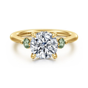Front view of Gabriel Stella ER17441R8Y44GS with a shown round center and two pale green sapphire side stones