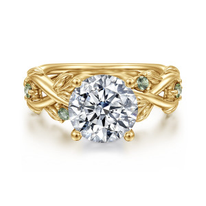 Front view of Gabriel Strength ER17442R10Y4JGS with a shown round center, twisting yellow gold vines and green sapphire accents