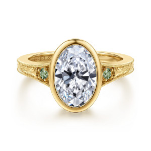 Front view of Gabriel Sunshine ER17443O8Y4JGS with a shown oval center in a yellow gold bezel and green sapphire side accents