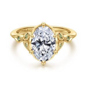 Front view of Gabriel Tammy ER17445O8Y4JGS with a shown oval center and round green sapphires in yellow gold leaf-shaped frames