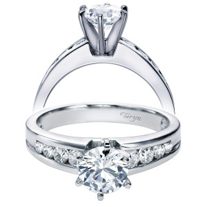 Taryn TE2157W44JJ 14 karat white gold engagement ring, angled and profile views of round accents channel set into a recessed groove on a domed shank