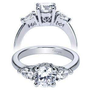 Taryn TE3803W44JJ 14 karat white gold engagement ring, front and profile views of a round center between pear sides with scrolled openwork shoulders