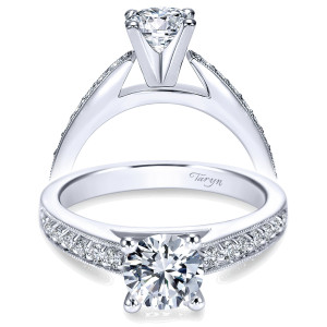 Taryn TE3858W44JJ 14 karat white gold engagement ring, front and profile views of a round center on a cathedral shank with milgrain bead set row