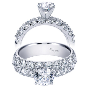Taryn TE4011W44JJ 14 karat white gold engagement ring, two views of a round center above two rows of graduated shared prong rounds on a domed shank