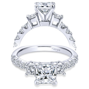 Taryn TE4020W44JJ 14 karat white gold engagement ring, two views of a princess center with square side stones in open frames and shared prong shoulders