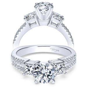 Taryn TE4115W44JJ 14 karat white gold engagement ring, two views of a round center flanked by square side stones above two pave rows on split shoulders