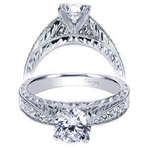Taryn TE4177W44JJ 14 karat white gold engagement ring, front and rear views of a round center above hand engraved shoulders with a beaded pave edge
