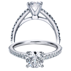 Taryn TE4244W44JJ 14 karat white gold engagement ring, front and rear views of a fine pave row along a slim shank meeting a raised center