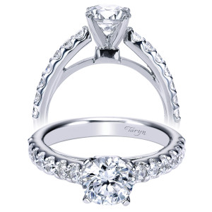 Taryn TE4245W44JJ 14 karat white gold engagement ring, front and rear views of rounds set between polished dividers along the shoulders beside the center