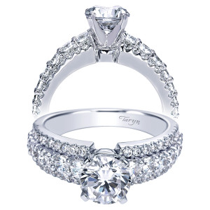 Taryn TE5260W44JJ 14 karat white gold engagement ring, front and profile views of a round center over graduated shared prong rounds beneath a finer pave rail