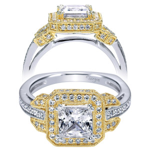 Taryn TE5343M44JJ 14 karat white gold engagement ring, front and profile views of a princess center in a squared halo with milgrain edged stepped shoulders
