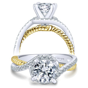 Taryn TE5362M44JJ 14 karat white and yellow gold engagement ring, front and profile views of a round center in a partial pave halo crossed by a rope rail