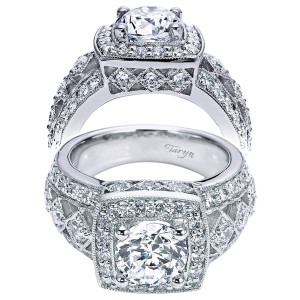 Taryn TE5465W44JJ 14 karat white gold engagement ring, front and profile views of a round center in a squared halo over wide latticed pave shoulders