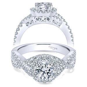 Taryn TE5798W44JJ 14 karat white gold engagement ring, front and profile views of a round center in a halo over interwoven pave arms and filigree openwork