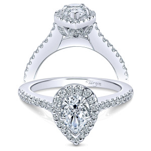 Taryn TE5828W44JJ 14 karat white gold engagement ring, front and profile views of a pear center in a snug pave halo above a pave collar