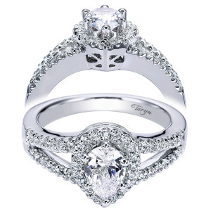 Taryn TE5870W44JJ 14 karat white gold engagement ring, front and profile views of a pear center in a halo above a split shank with open gallery