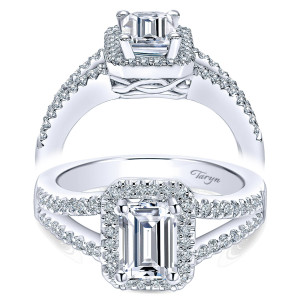Taryn TE5874W44JJ 14 karat white gold engagement ring, front and profile views of an emerald center in a squared halo, split shank, woven gallery