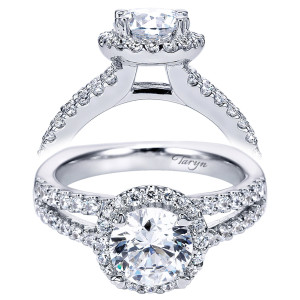 Taryn TE6410W44JJ 14 karat white gold engagement ring, front and raised views of a round center in a halo of larger rounds above split shoulders