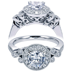 Taryn TE6431W44JJ 14 karat white gold engagement ring, front and raised views of a round center haloed above openwork scroll shoulders with bezel set accents