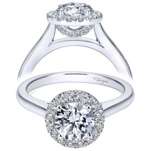 Taryn TE7265W44JJ 14 karat white gold engagement ring, front view of a round center in a single halo on a plain polished cathedral shank