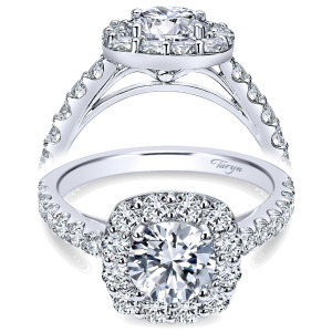 Taryn TE7480W44JJ 14 karat white gold engagement ring, front view of a round center framed by a cushion shaped halo above a split pave shank