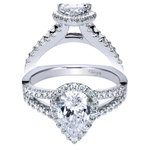 Taryn TE7743W44JJ 14 karat white gold engagement ring, front view of a pear center ringed by a single halo with split pave shoulders