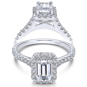 Taryn TE7840W44JJ 14 karat white gold engagement ring, front view of the emerald cut center in a single scalloped halo above a split pave shank