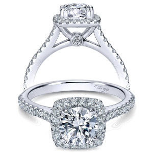 Taryn TE8152W44JJ 14 karat white gold engagement ring, front view of a round center framed by a cushion shaped pave halo over a bezel accent