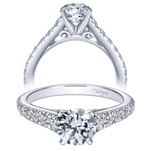 Taryn TE8259W44JJ 14 karat white gold engagement ring, front view of graduated rounds tapering down each shoulder with open scrollwork beneath the center