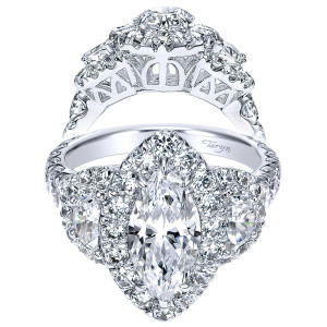 Taryn TE8320W83JJ 18 karat white gold engagement ring, front view of a marquise center in a halo flanked by two haloed marquise stones, pierced gallery