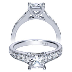 Taryn TE8610W44JJ 14 karat white gold engagement ring, front and profile views of a princess center above a tapered milgrain edged row and open gallery