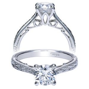Taryn TE8690W4JJJ 14 karat white gold engagement ring, front and profile views of a round center above a pierced scroll gallery and wheat engraved shoulders