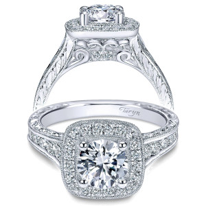 Taryn TE8794W44JJ 14 karat white gold engagement ring, front and profile views of a round center in a cushion halo with graduated shoulder stones
