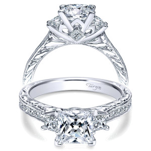 Taryn TE8802W44JJ 14 karat white gold engagement ring, front and profile views of a princess center between trapezoid sides above channel set square shoulder stones